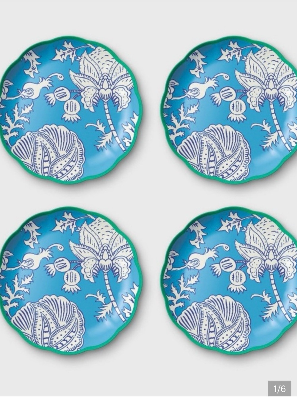 Roller Rabbit Blue Floral Vines Melamine Plates - Set of 7